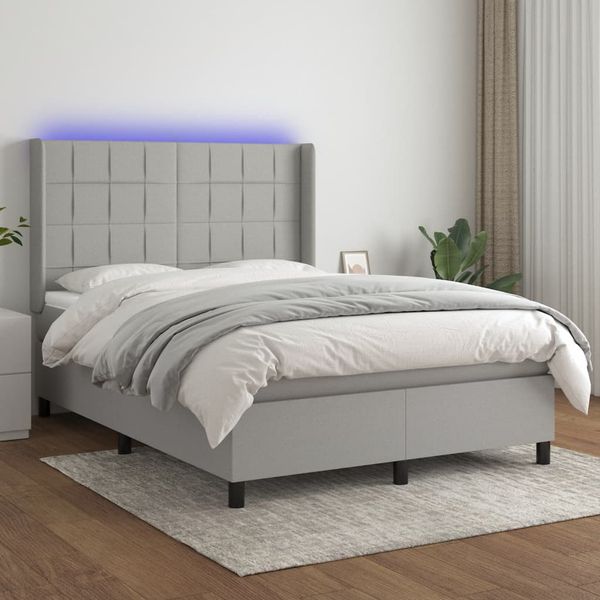 vidaXL Posteľ boxsping s matracom a LED bledosivá 140x190 cm látka
