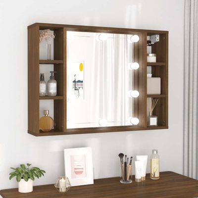 vidaXL Zrkadlová skrinka s LED hnedý dub 76x15x55 cm