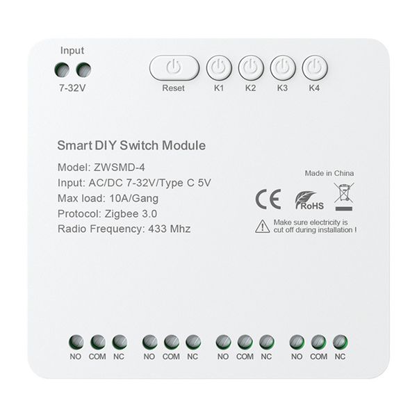 4-kanálový spínací modul ZigBee s beznapäťovým kontaktom DC 32V Avatto ZWSMMD-4-32V