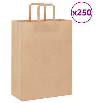 vidaXL Papierové tašky 250 ks s rúčkami, hnedá, 26x12x35 cm