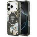 Guess Case Magsafe IML Case Glitter Flowers And Triangle With Metal Camera Frame And Buttons For iPhone 17 Pro Max Black