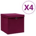vidaXL Úložné boxy s vekom 4 ks, 28x28x28 cm, tmavočervené