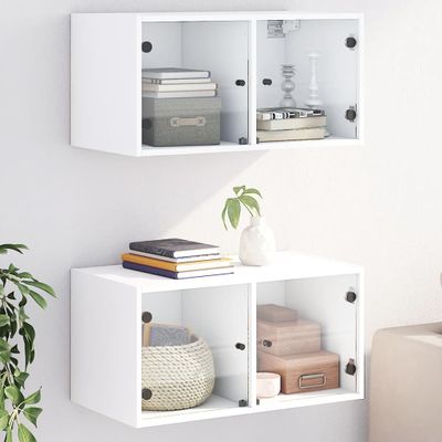 vidaXL Nástenné skrinky so sklenenými dvierkami 2ks biele 68,5x37x35cm