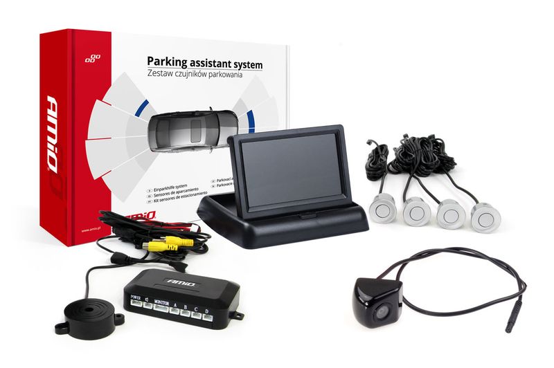 Parkovací asistent TFT02 4,3" s kamerou HD-308-IR 4 senzory strieborné