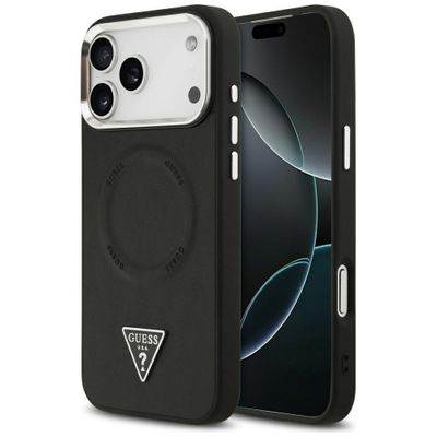 Guess Case Magsafe PU kožené puzdro s trojuholníkovým logom a strieborným kovovým rámom fotoaparátu pre iPhone 17 Pro Čierna