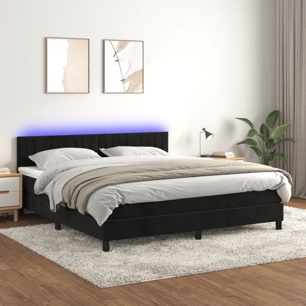 vidaXL Posteľ boxsping s matracom a LED čierna 180x200 cm zamat