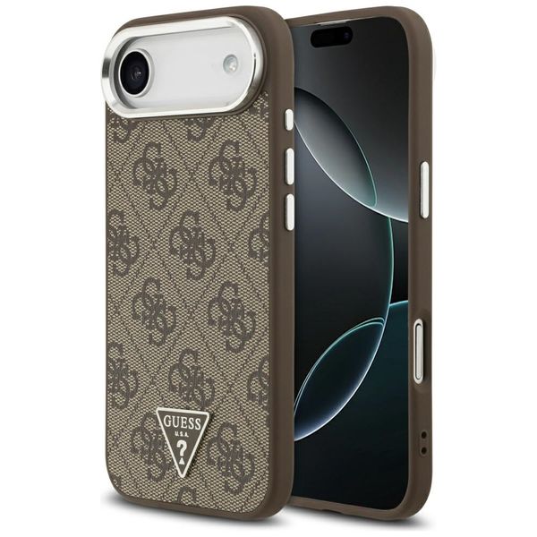 Guess Case Magsafe 4G PU kožený obal s trojuholníkovým logom a strieborným kovovým rámom fotoaparátu pre iPhone 17 Air hnedá