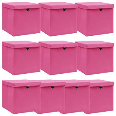 vidaXL Úložné boxy s vekom 10 ks, ružové 32x32x32 cm, látka