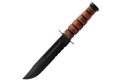 KA-BAR 1218 USMC Serrated Edge taktický nôž 17,9cm, čierna, zúbkovaná hrana, koža, kožené puzdro
