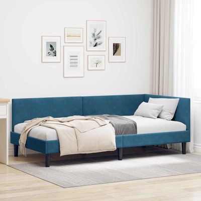 vidaXL Rohový rám postele s čelnou doskou Modrá 90 cm x 190 cm Zamat