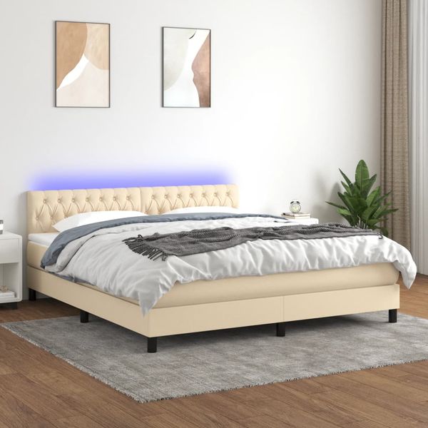 vidaXL Posteľ boxsping s matracom a LED krémová 160x200 cm látka
