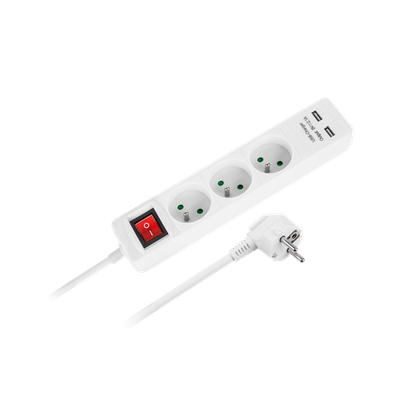 Predlžovací kábel REBEL URZ3202-3  3 zásuvky, 3m, vypínač, 2xUSB, biela
