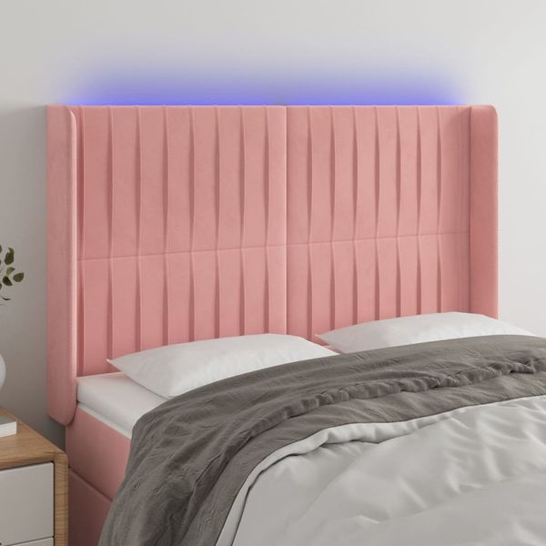 vidaXL Čelo postele s LED ružové 147x16x118/128 cm zamat