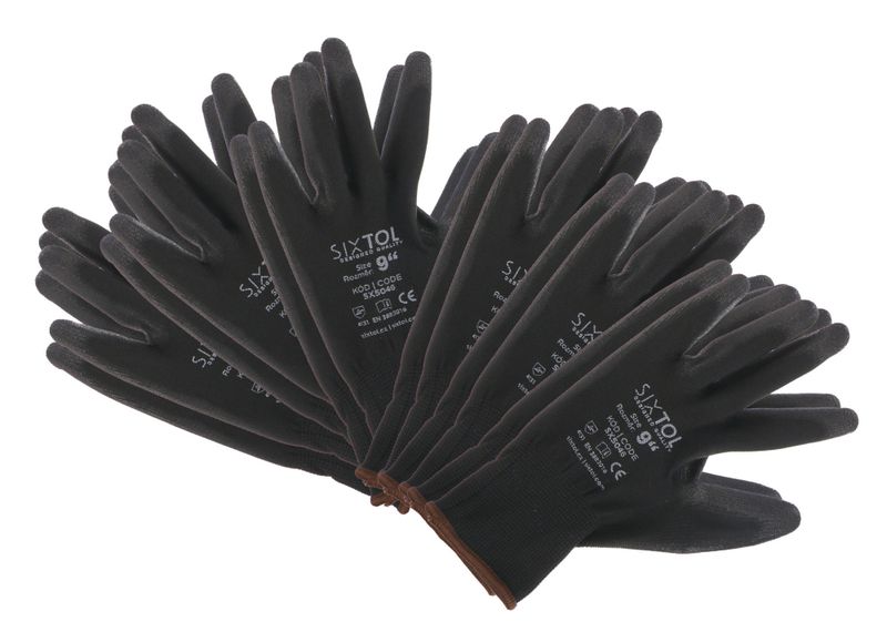 Rukavice pracovní z polyesteru polomáčené v PU GLOVE PE-PU 9, černé, vel 9", 6 párů SIXTOL