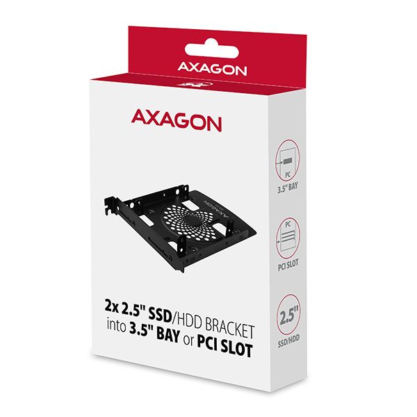 AXAGON RHD-P25, hliníkový rámeček pre 2x 2.5" HDD/SSD do 3.5" pozície alebo PCI záslepky Rámeček, interný, kovový, pre 2x 2,5" disk, do 3,5" alebo PCI pozície, možnosť inštalácie 80mm ventilátora, čierny