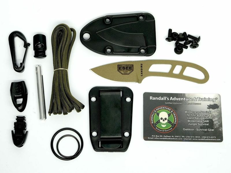 ESEE CAN-DE-KIT-E Dark Earth Candiru malý nôž na krk 5 cm, tmavohnedá, puzdro, súprava na prežitie