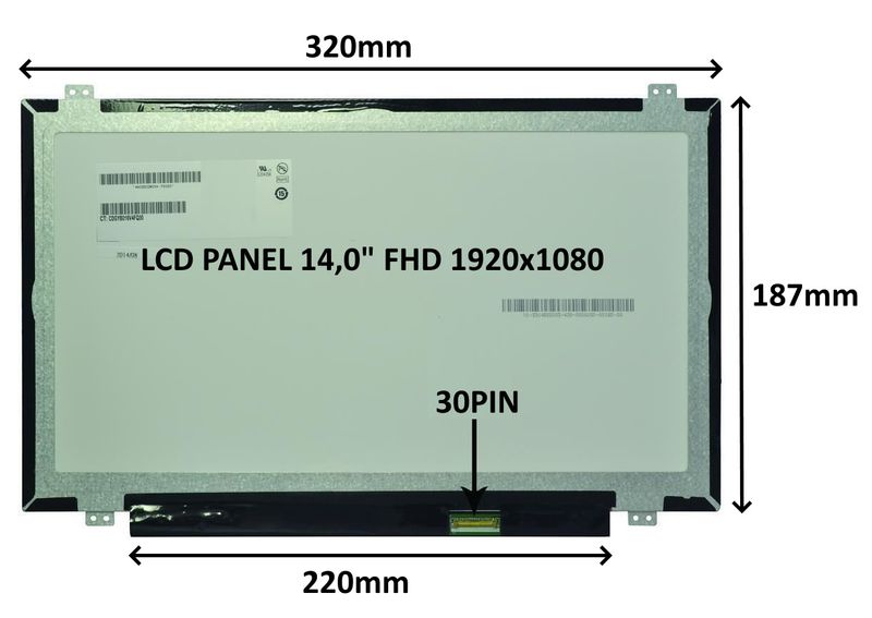 LCD PANEL 14,0'' FHD 1920x1080 30PIN MATNÝ IPS / ÚCHYTY HORE A DOLE