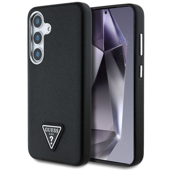 Puzdro Guess so zrnitým trojuholníkovým logom MagSafe pre Samsung Galaxy S25 čierne