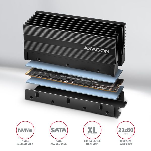 AXAGON CLR-M2XL, hliníkový pasívny chladič pre jednostranný aj obojstranný M.2 SSD disk, výška 36 mm