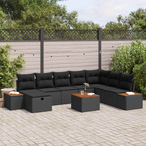 vidaXL Súprava záhradných pohoviek s vankúšom 9 pcs Čierna Poly ratan