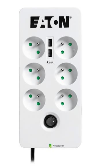 EATON přepěťová ochrana Protection Box 6 USB FR, 6 zásuvek + 2x USB Prepetová ochrana, 6 zásuvek, Francie/Belgie, 10A, 250V, 2x USB, bílo-cerná