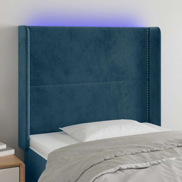 vidaXL Čelo postele s LED tmavomodré 103x16x118/128 cm zamat