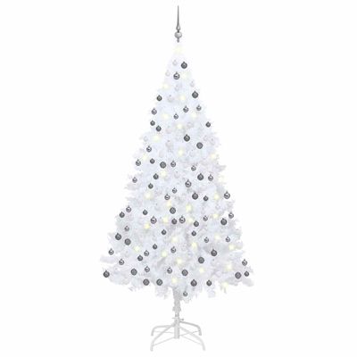 vidaXL Osvetlený umelý vianočný stromček s guľami, biely 210 cm, PVC