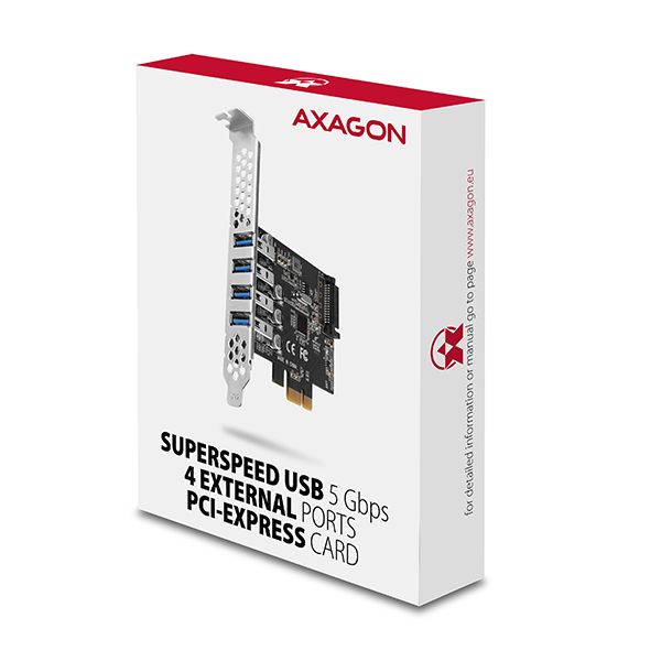 AXAGON PCEU-43RS, PCIe riadič, 4x USB 3.2 Gen 1 port, 5 Gbps, napájenie z PCIe alebo SATA, SP & LP Radic, PCIe 2.0 x1, 4x USB 3.2 Gen1 typ A, UASP, včetne low profile záslepky
