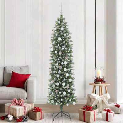 vidaXL Umelý chudý vianočný strom s 300 LED-i Zelená a biela 210 cm