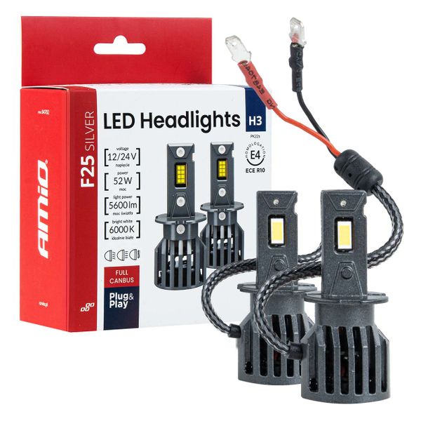 LED žiarovky hlavného svietenia Séria F25 SILVER FULL CANBUS H3 52 W 12 V 24 V AMiO-04702