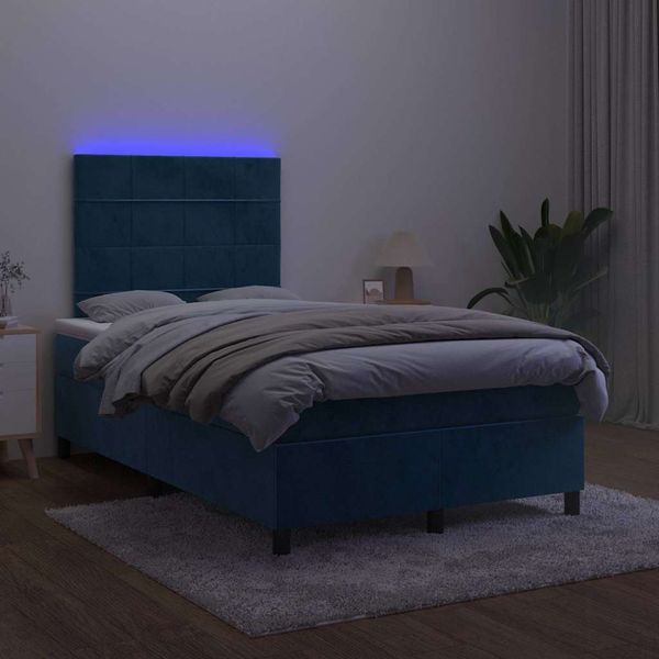 vidaXL Boxspring posteľ s matracom a LED, tmavomodrá 120x190 cm, zamat