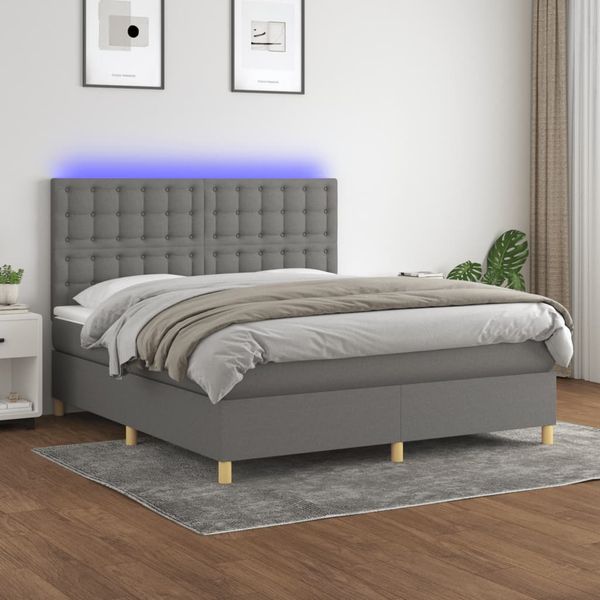 vidaXL Posteľ boxsping s matracom a LED tmavosivá 180x200 cm látka