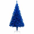 vidaXL Osvetlený umelý vianočný stromček s guľami, modrý 210 cm, PVC