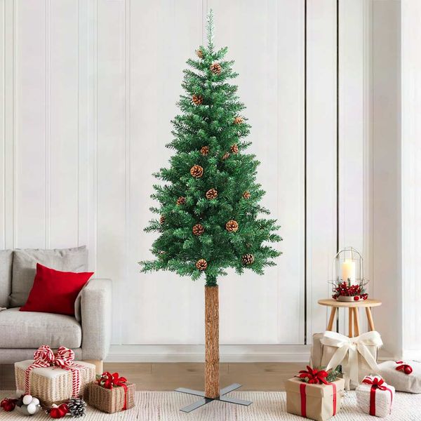 vidaXL Úzky vianočný stromček, pravé drevo a šišky, zelený 210 cm, PVC