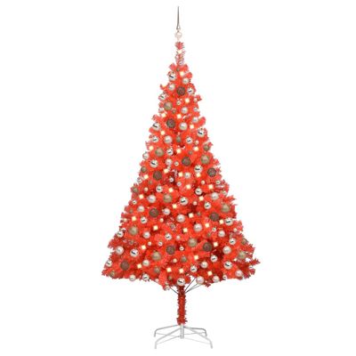 vidaXL Osvetlený umelý vianočný stromček s guľami, červený 210 cm, PVC