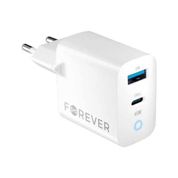 Rýchlonabíjačka do siete Forever GaN TC-06-45AC GaN PD QC 1x USB-C 1x USB 45W biela