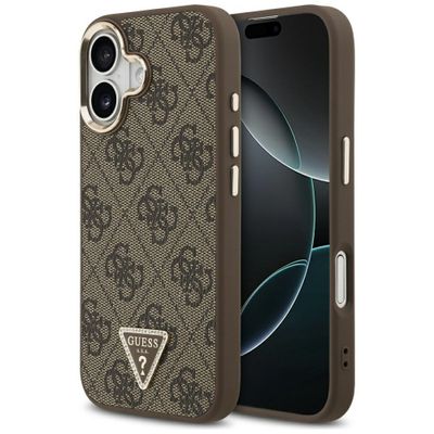 Guess Case Magsafe 4G PU kožené puzdro s trojuholníkovým logom a zlatým kovovým rámom fotoaparátu pre iPhone 17 Čierna