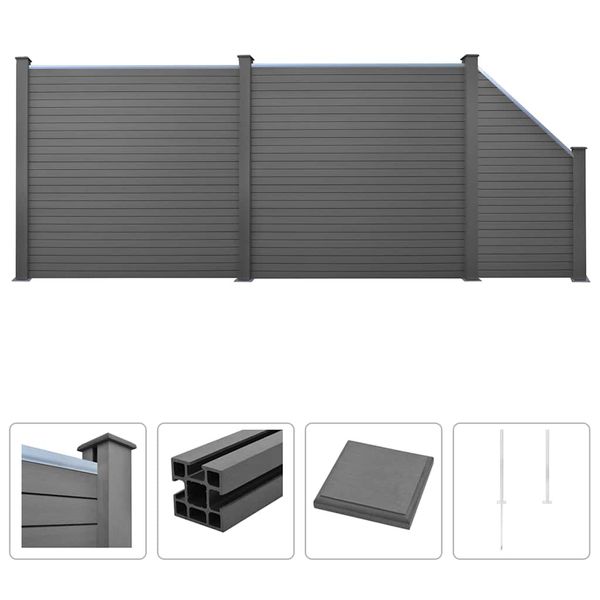 vidaXL Oplotenie 2 štvorcové 1 šikmý panel drevoplast 451x187 cm sivé