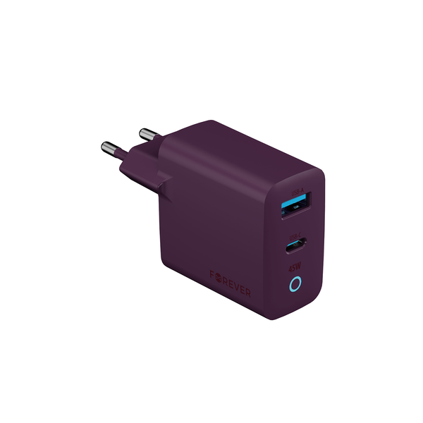 Forever Vibe-TC45AC GaN PD QC nabíjačka 1x USB-C 1x USB 45W tmavá čerešňa