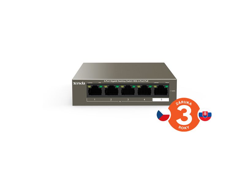 Tenda TEG1105P-4-63W PoE AT switch 4x PoE 802.3af/at, 5x 1 Gb/s, PoE celkom 63W, fanless, PoE+
