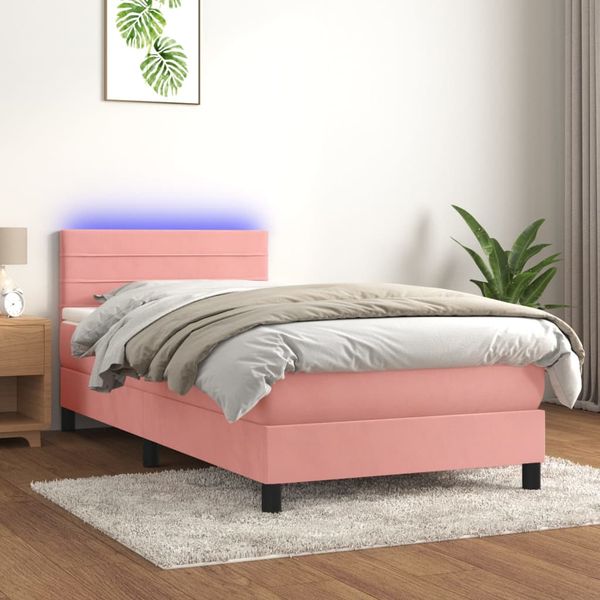 vidaXL Posteľný rám boxsping s matracom a LED ružový 90x190 cm zamat
