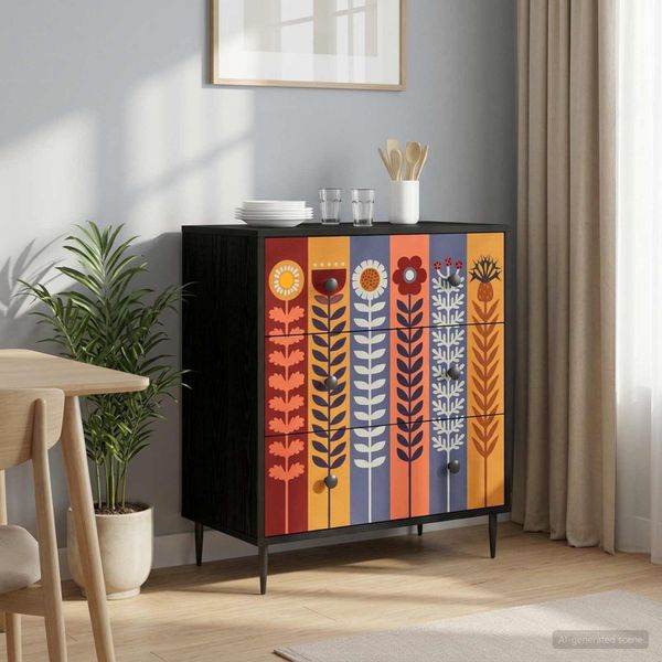 vidaXL Příborník ESSEN Potlač slnečníc 66 x 36,5 x 76 cm Čierny dub