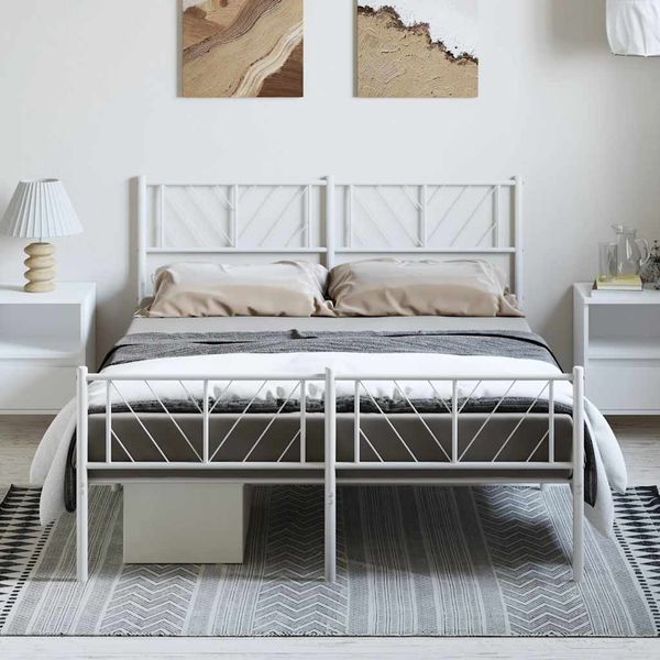 vidaXL Kovový rám postele s čelom a podnožkou biely 135x190 cm