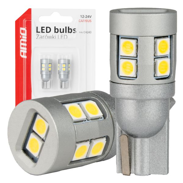 LED žiarovky CANBUS T10 W5W 12 SMD 3030 Biele 12V 24V AMiO-04243