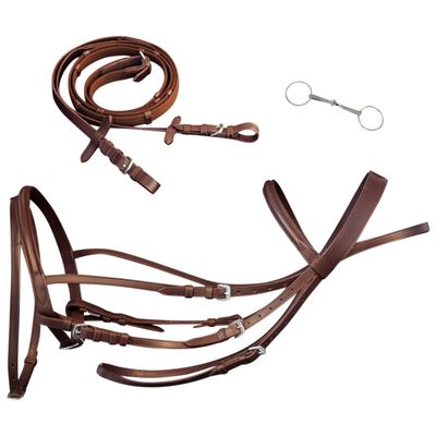 Kožená uzda s opratami a zubadlom na poníkov, hnedá
