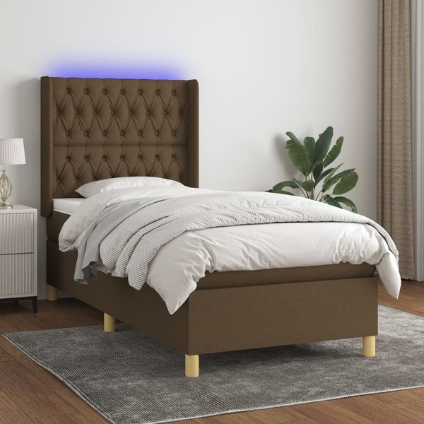 vidaXL Posteľ boxsping s matracom a LED tmavohnedá 90x200 cm látka