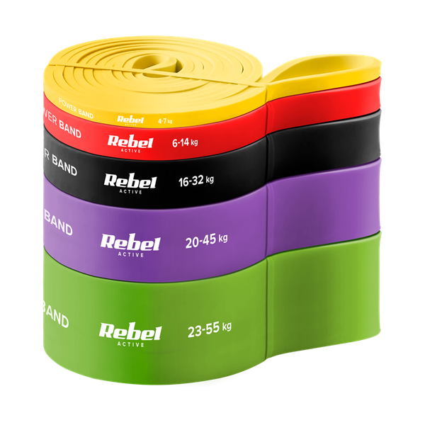 TPE sada cvičebných pásov - Power Band PTs-1, 4-55 kg, 5 pásov, REBEL ACTIVE