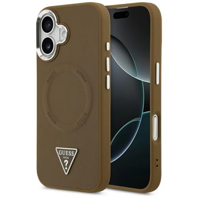 Puzdro Guess Case Magsafe PU Leather s trojuholníkovým logom a strieborným kovovým rámom fotoaparátu pre iPhone 17 hnedá