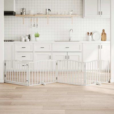 vidaXL Brána pre psa s dverami sklad. 4pan. biela 320cm topoľové drevo
