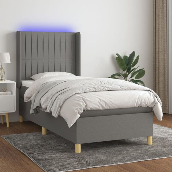 vidaXL Posteľ boxsping s matracom a LED tmavosivá 90x190 cm látka